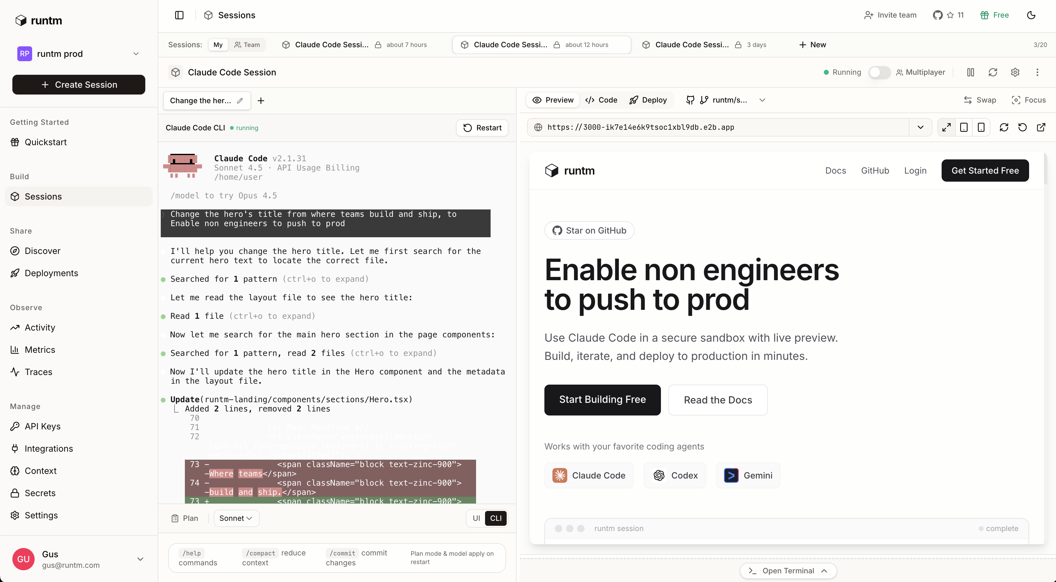 Runtime interface showing Claude Code editing a landing page