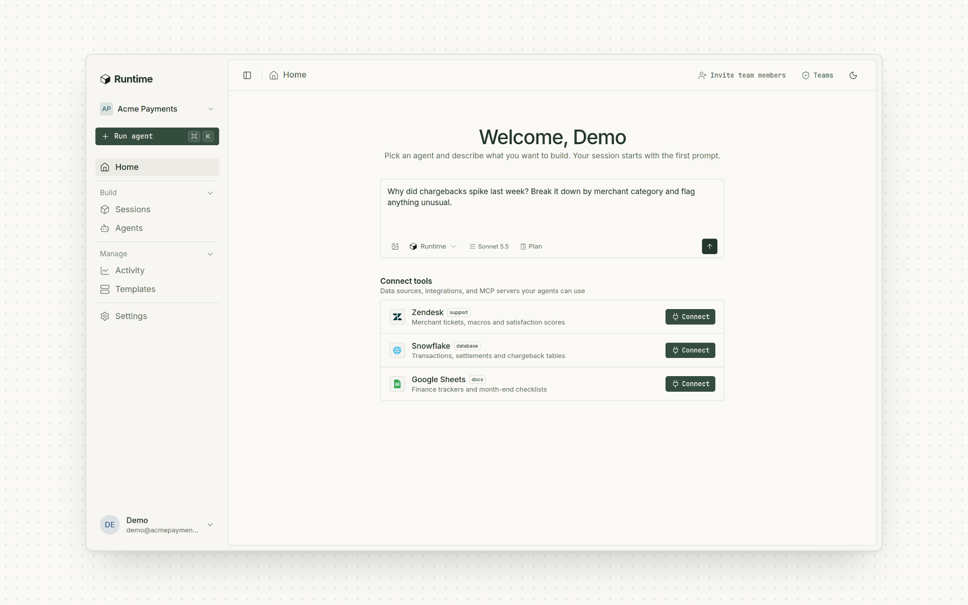 The new Runtime dashboard home, with a question typed into Ask Runtime and tools to connect