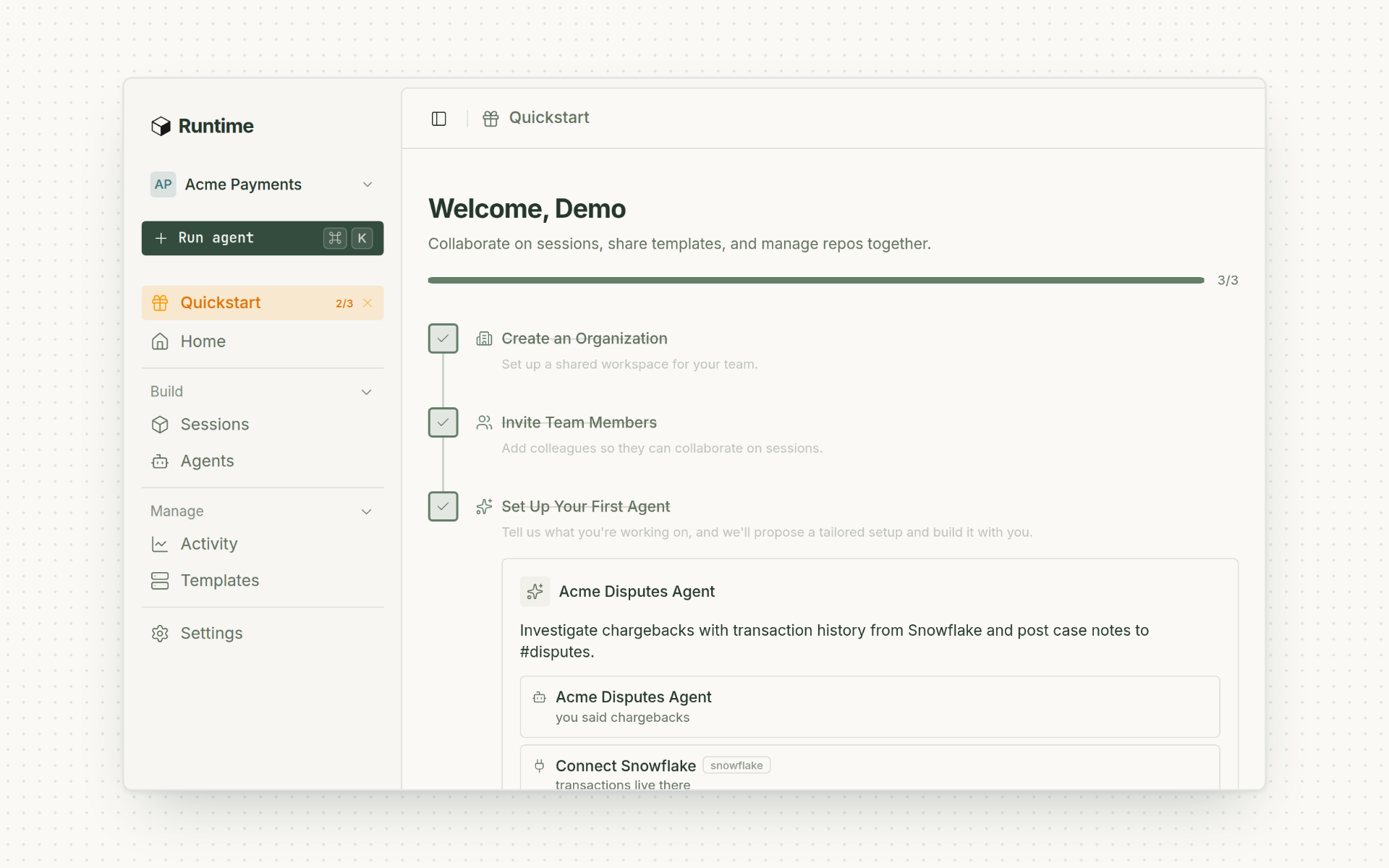 Runtime's setup guide for a new agent, showing completed and next steps