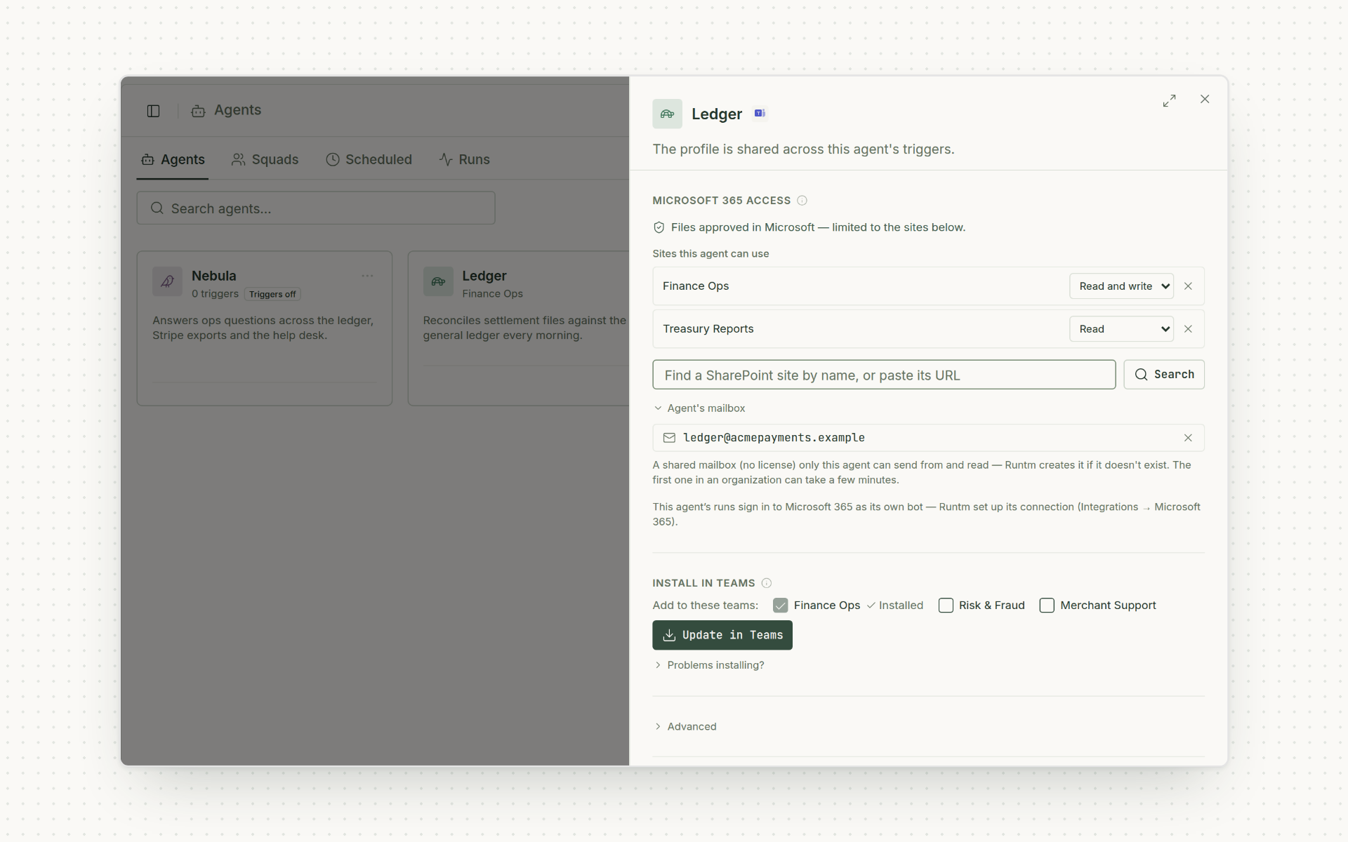 An agent's Microsoft 365 access in Runtime: two SharePoint sites with their own permissions, the agent's shared mailbox and the teams it's installed in